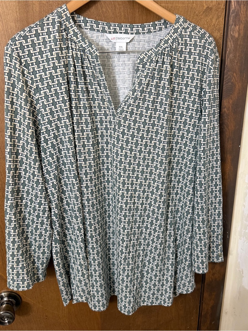 Liz Claiborne XXL Teal & White Geometric Split-Neck Tunic